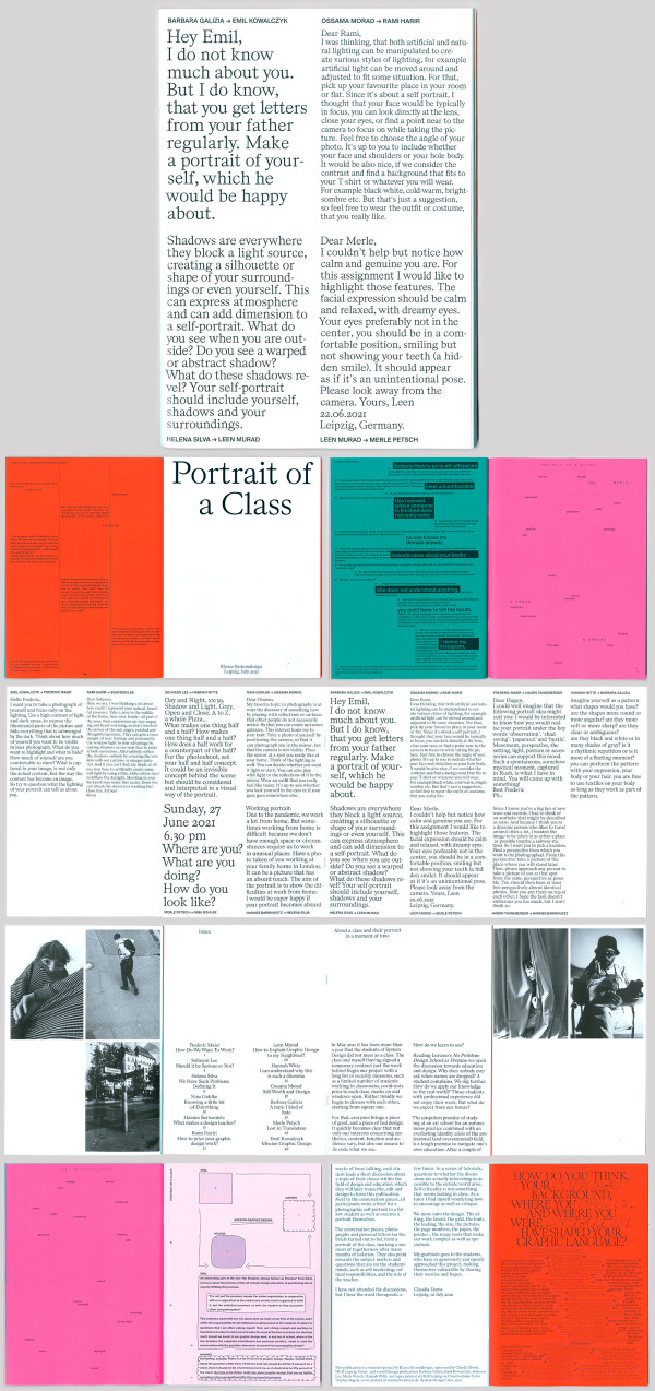 Scans of a printed matter in A4, with a white fold out cover containing letters from the students and a colored interior with differently layouted conversation pieces.