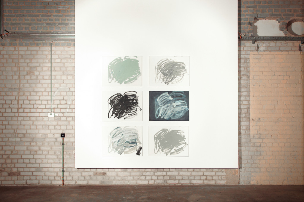 Variations on Gestural Computer-Generated Brushstrokes. Six worImpression from Grayvers solo exhibition “Pinselstriche im digitalen Zeitalter Interdisziplinäre Forschung in Malerei & Robotik” at Halle 14, Spinnerei Leipzig in February 2017. Photo : Marcus Nebe. ks, 40 x 60 each